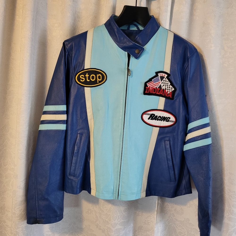 WILDA INDIANA Recing Leather Jacket, Size 2XL, Color Blue, Patch Biker